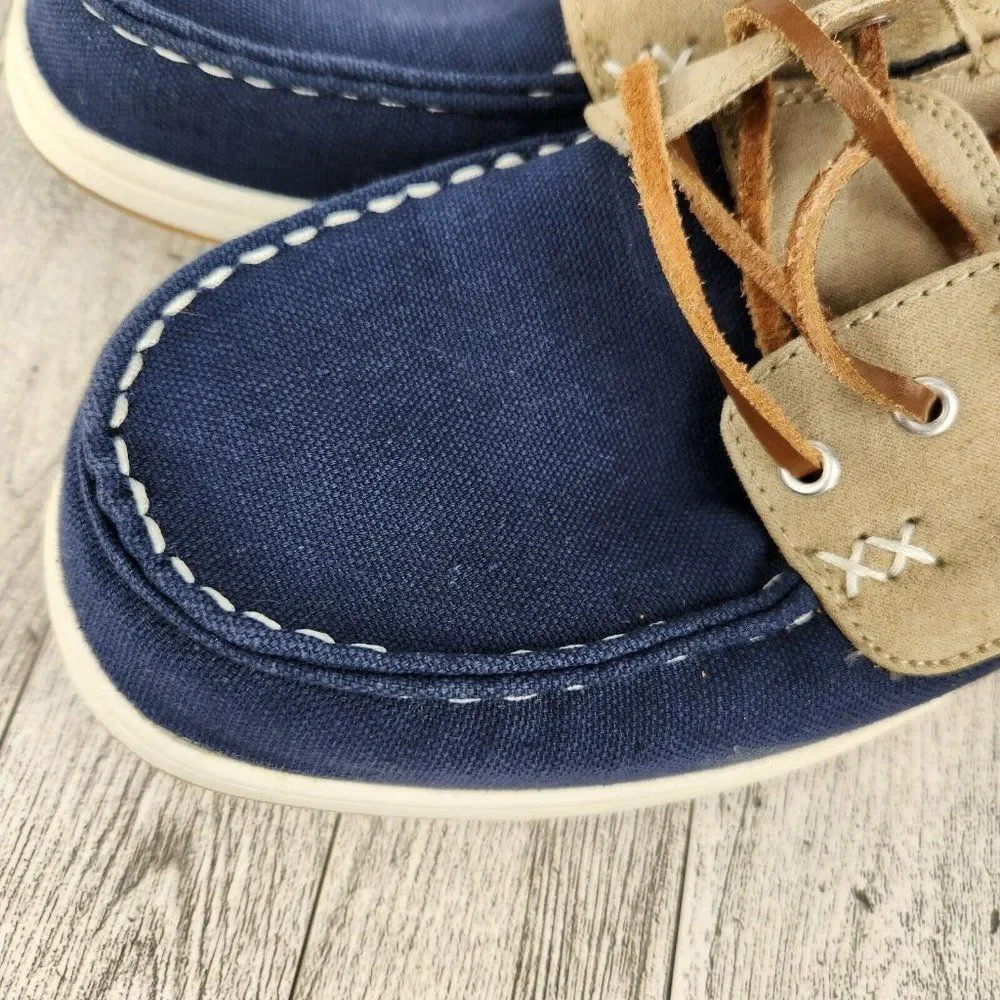 Khombu Womens Boat Shoe Sz 9.5 Tan Navy Sporty Summer Boating Sailing Deck Shoe
